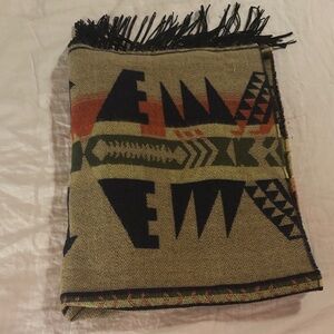 Boho Aztec Pattern Fringe Scarf in Olive & Black